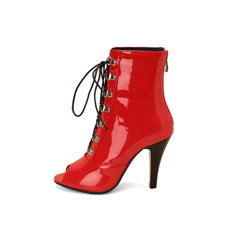 

YQBTDL 2025 пикантные ботильоны из лакированной кожи со шнуровкой и заклепками, женская обувь на шпильке, на тонком каблуке с молнией сзади, с открытым носком, вечерние туфли, летние