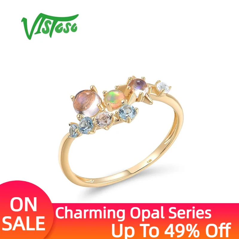 

VISTOSO Genuine 14K 585 Yellow Gold Ring For Women Sparkling Opal Blue Moonstone Topaz Ring Dainty Glamorous Trendy Fine Jewelry