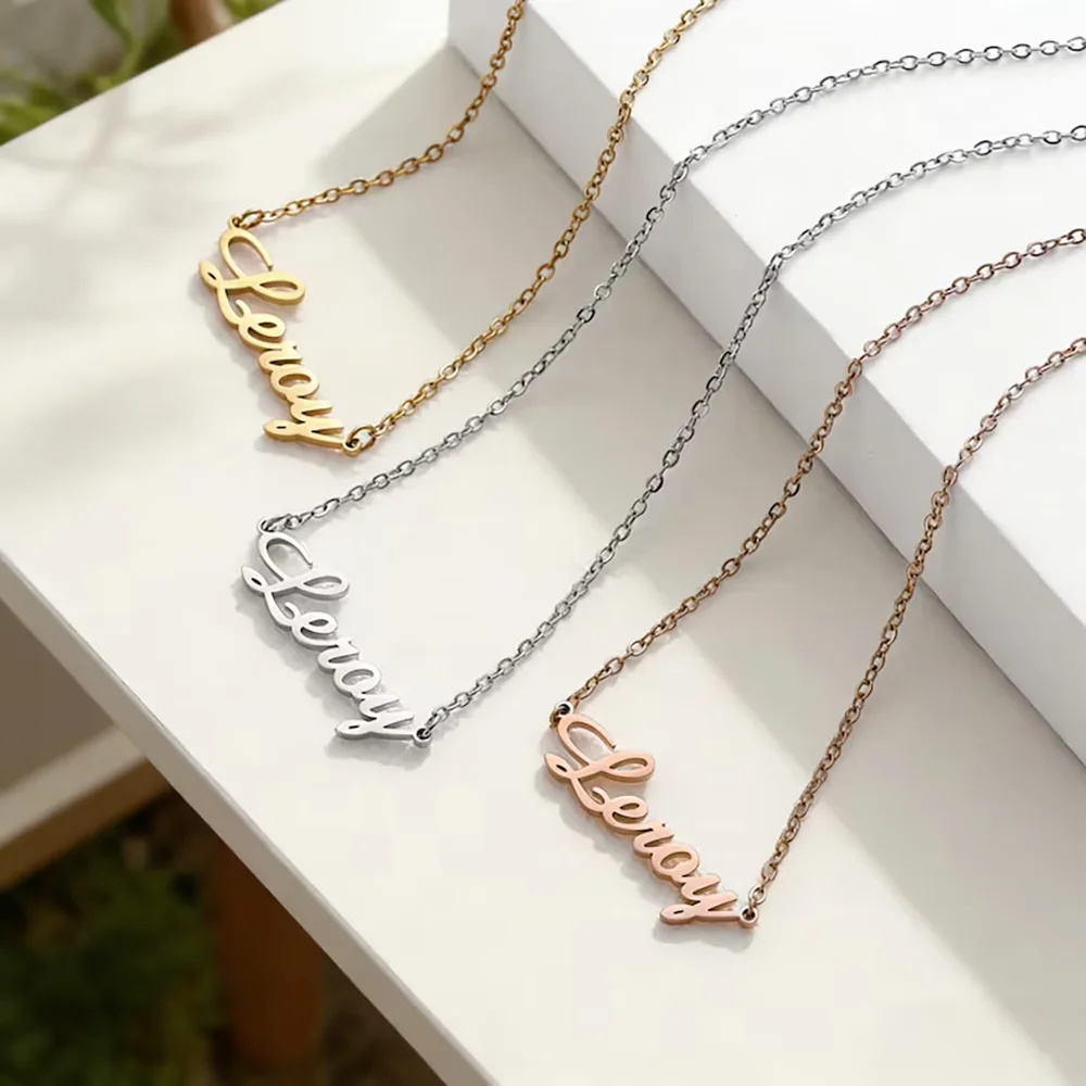 Personalized Flowing Script Name Neck Chain Stainless Steel Custom Hand Letter Minimalist Daily Stackable Jewelry For Ladies