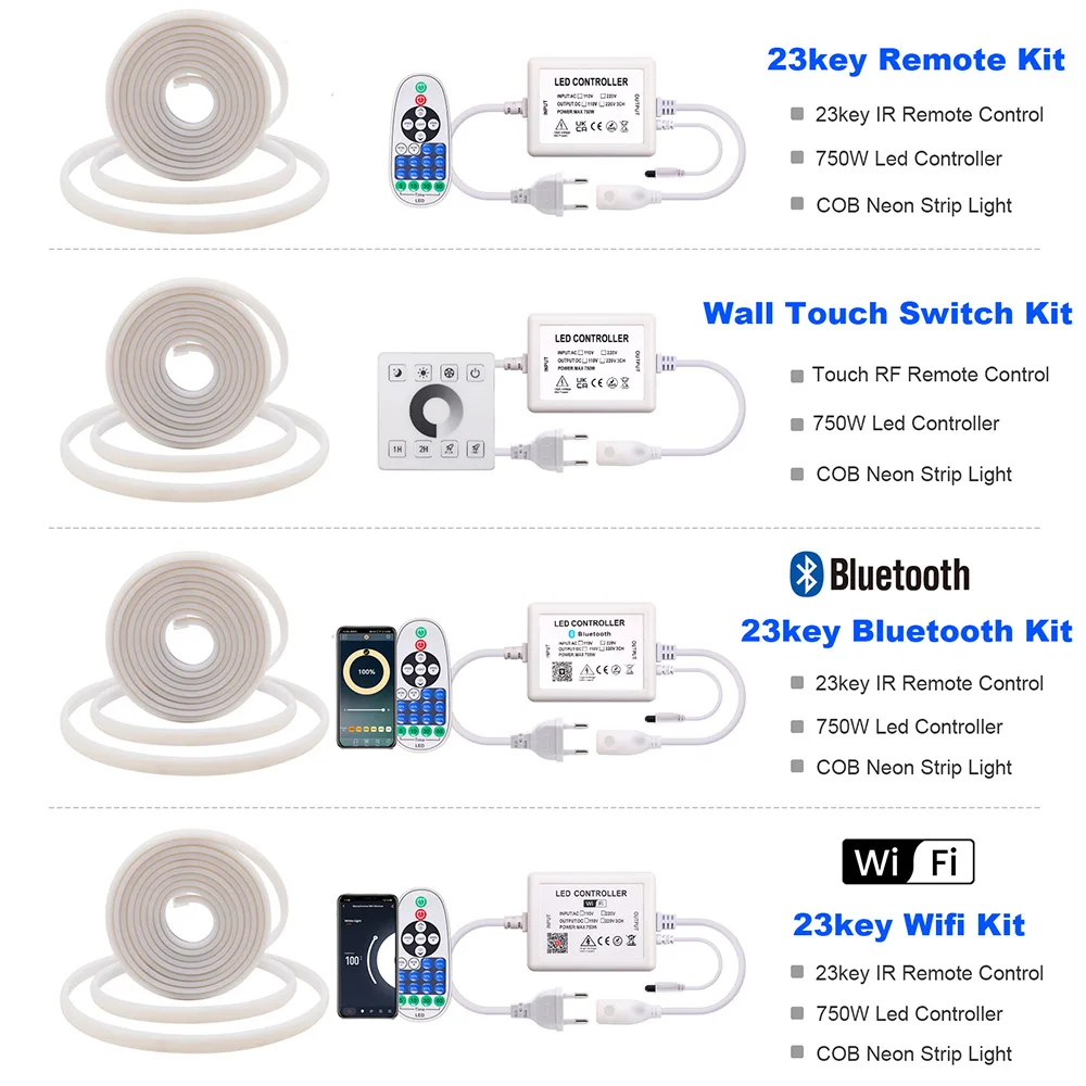 Wall Touch COB LED Neon Strip Light Wifi Bluetooth 23key Remote Control Dimmable 220V Power Kit 288 LEDs Flexible Silicone Lamp