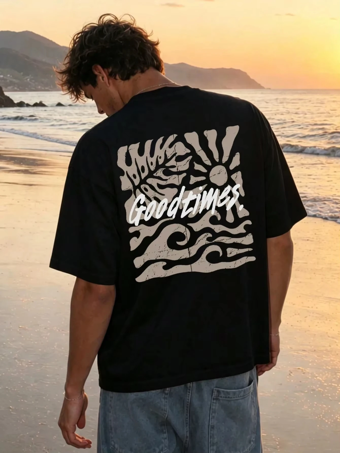 2026 Men Retro Beach Good Times Graphic T Shirt Back Print Surf Crewneck Tee