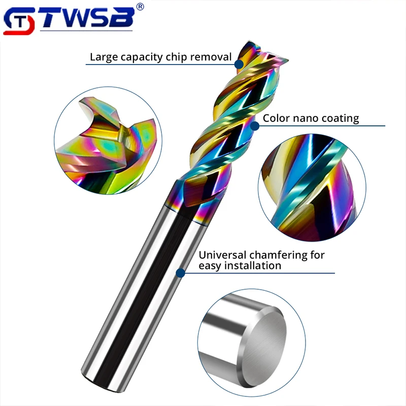 

Цветная алюминиевая фреза, глянцевая 3-зубая карбидная обработка алюминиевых сплавов до 55 градусов, 50–150