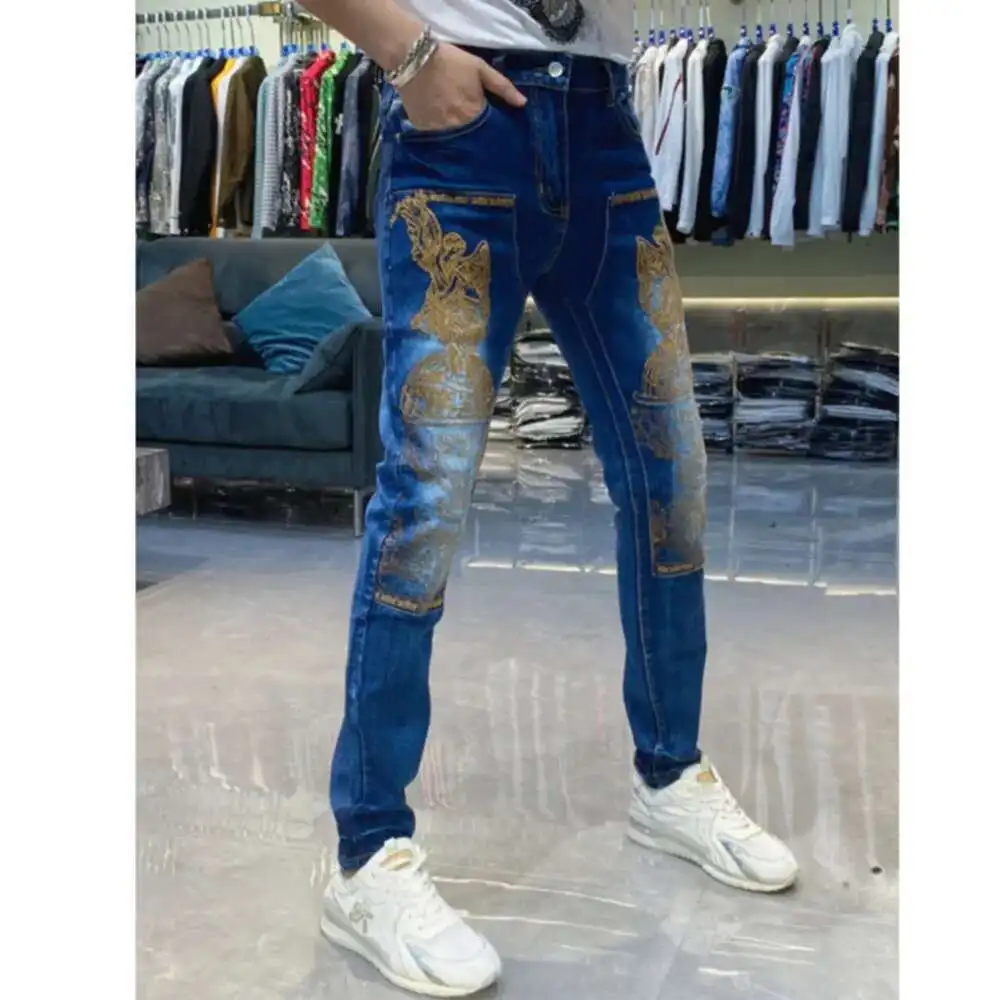 Men\'s Dedicated Gold Embroidery Front Patch Pants Slim Fit Washed Blue Jeans Stretchable Skinny Fit Party Pantalones Streetwear