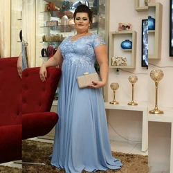 Sky Blue Lange Moeder Van De Bruid Jurk Plus Size Korte Mouw Formele Gelegenheid Avondjurken Lace Chiffon Morther Jurk van Bruidegom