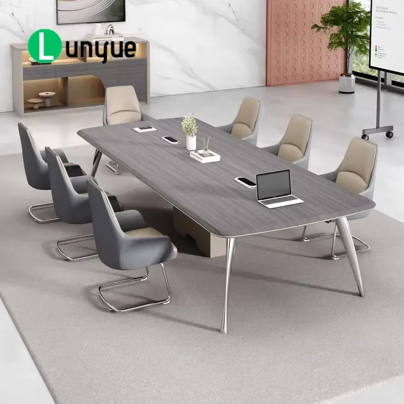 Modern Wood Grain Executive Desk Set with Integrated Power Port Stylish Conference Table for Office Meeting Room Furniture