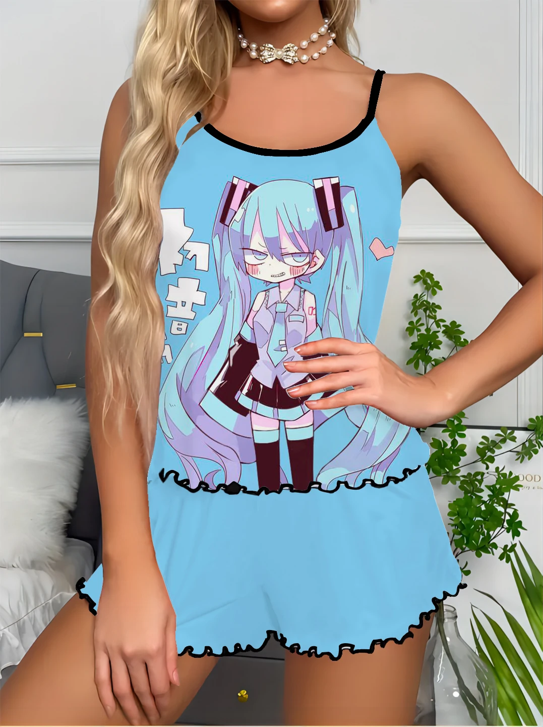 Women's suspender suit Hatsune Miku print cute cartoon anime summer casual home clothes silky satin pajamas set