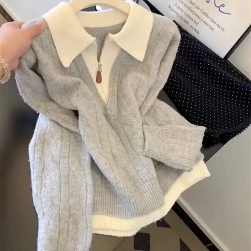 Women's Pullover Zipper Fake Two-piece Gray Sweater Women's Autumn and Winter Lapel Can Be Worn Outside Knitted Sweater Women