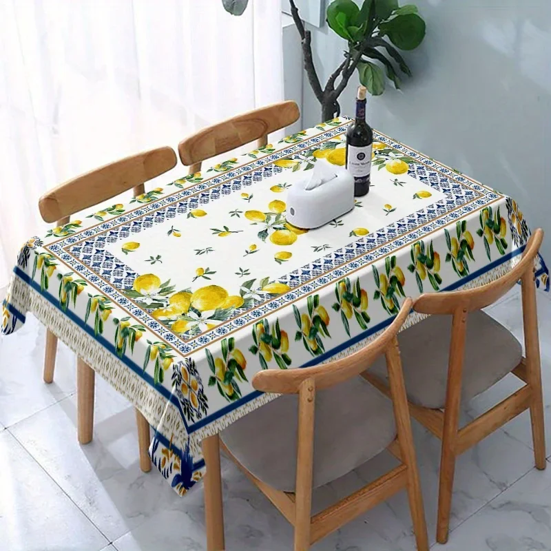 1 piece, polyester tablecloth, with a floral checkered lace lemon pattern, rectangular tablecloth.