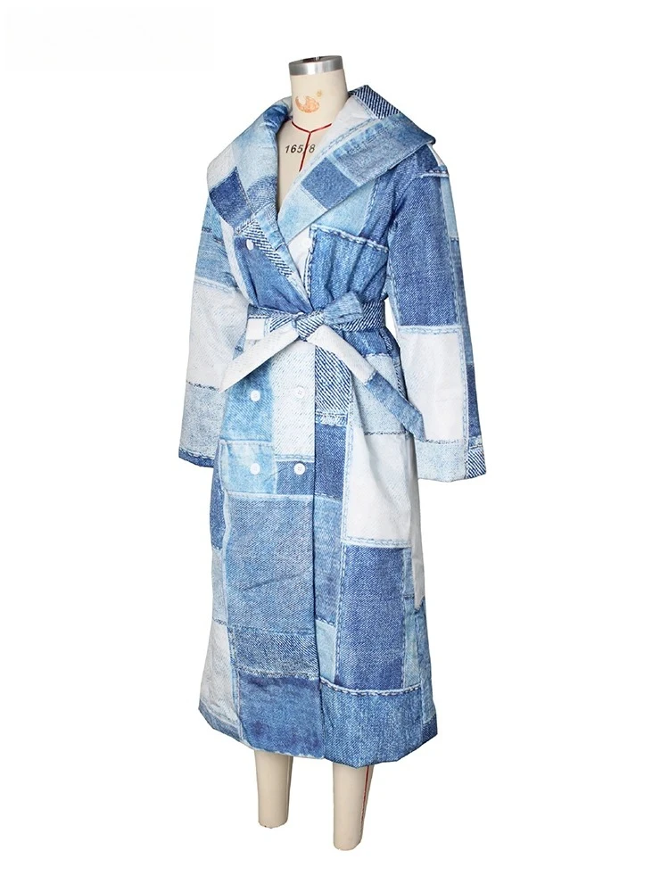 موضة الدنيم التصحيح المطبوعة كبيرة التلبيب الدانتيل متابعة سترة الشارع الشهير فضفاضة معطف سميك أنيق مبطن بالقطن X-معطف طويل المرأة