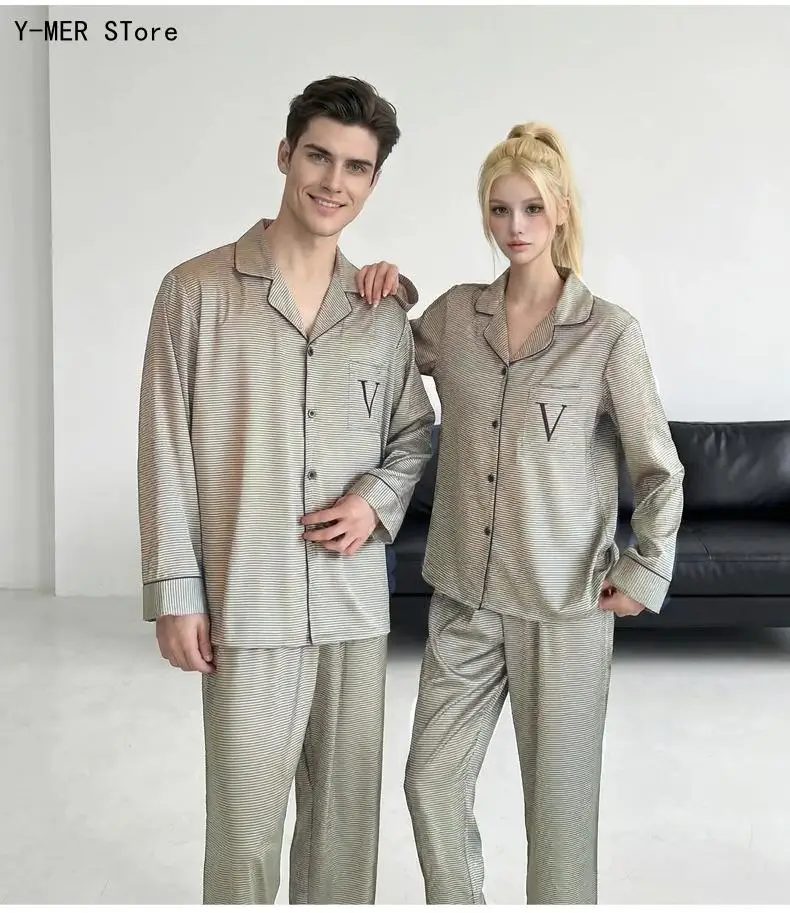 New Arrival Ice Silk Couple Pajamas, Horizontal Striped Long Sleeve Set, Casual Home Loungewear for Men Women Spring Autumn