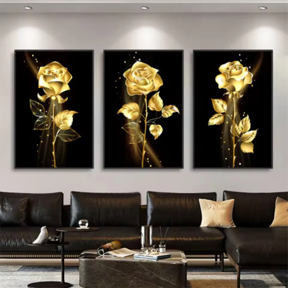 

5DDIY Diamond Painting Gold Rose Black Gold Flower Picture Nordic Painting Mosaic Embroidery Wall Rhinestone Art Decoration