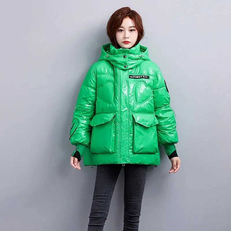 Womens Loose Print Padded Down Jacket Cotton Coat Bright Wash Free Thicken Parkas Female Outerwear New Winter Jackets