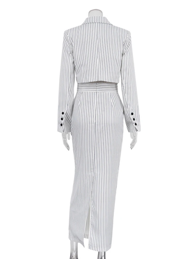 Mueyaruho 2023 Autumn Winter Women Office Lady Striped Maxi Skirt Set White Outfits Bodycon Slim 2 Two Piece Matching Suits Set