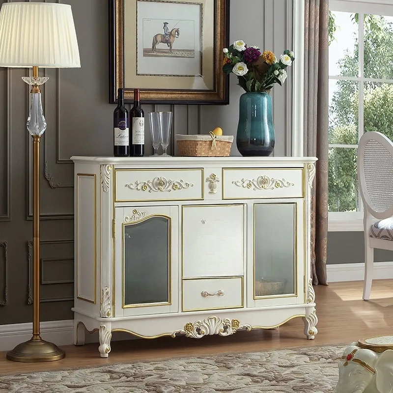 

American solid wood dining side cabinet, European white marble surface storage display cabinet wine cabinet tea cabinet glass