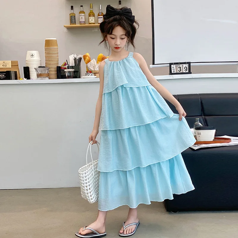 Girls Dress 2024 Summer New Childrens Wear Girls Treasure Foreign Style Bow Hanging Halter Cake Princess Dress Casual Simple