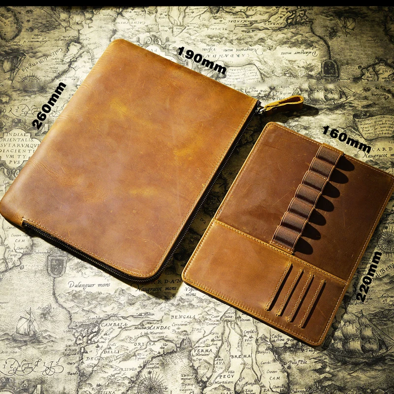 Fromthenon Cowhide Zipper Pen Bag Vintage Multiple Pen Case Large Capacity Removable Writing Case Stationery Storage Bag