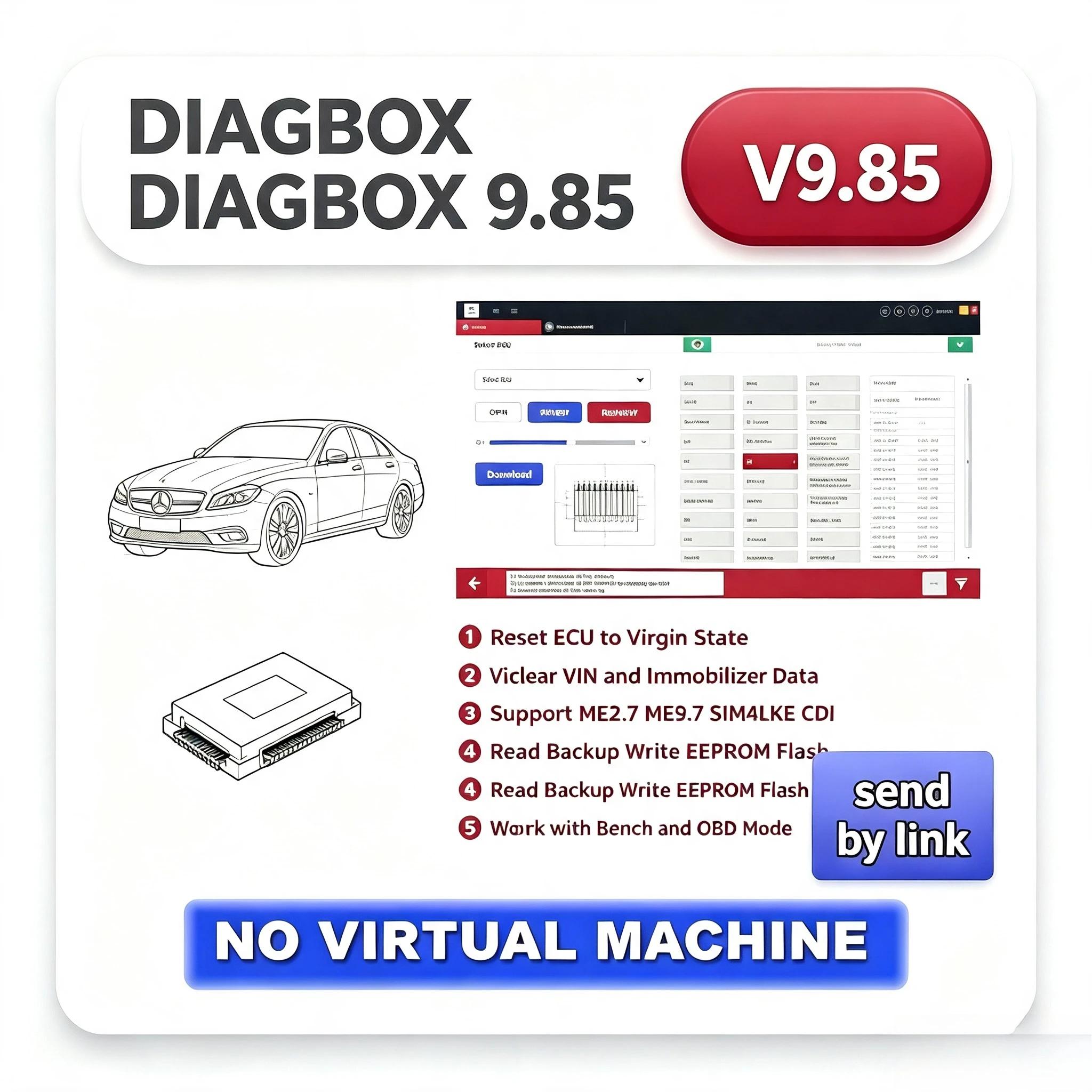 Диагностический инструмент для автомобилей DIAGBOX 9.85 для ОС Windows, не требует виртуальной машины, охватывает модели до февраля 2022 года.