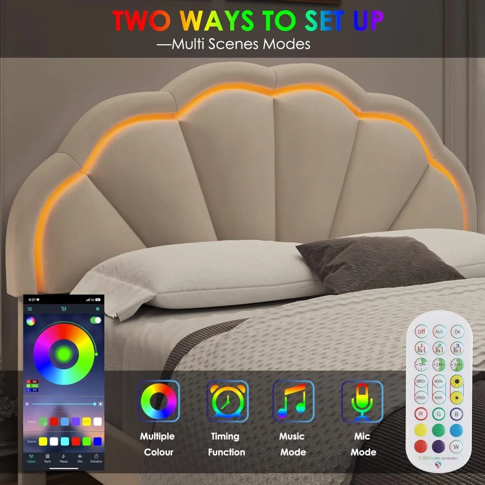 hifit full upholstered smart led bed frame with adjustable chic petal headboard, princess full size platform bed frames for kids