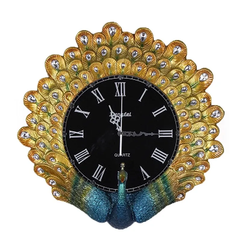

Vintage High-End Decorative Wall Clock, American Style Modern Art Living Room Resin Peahen Wall Clock
