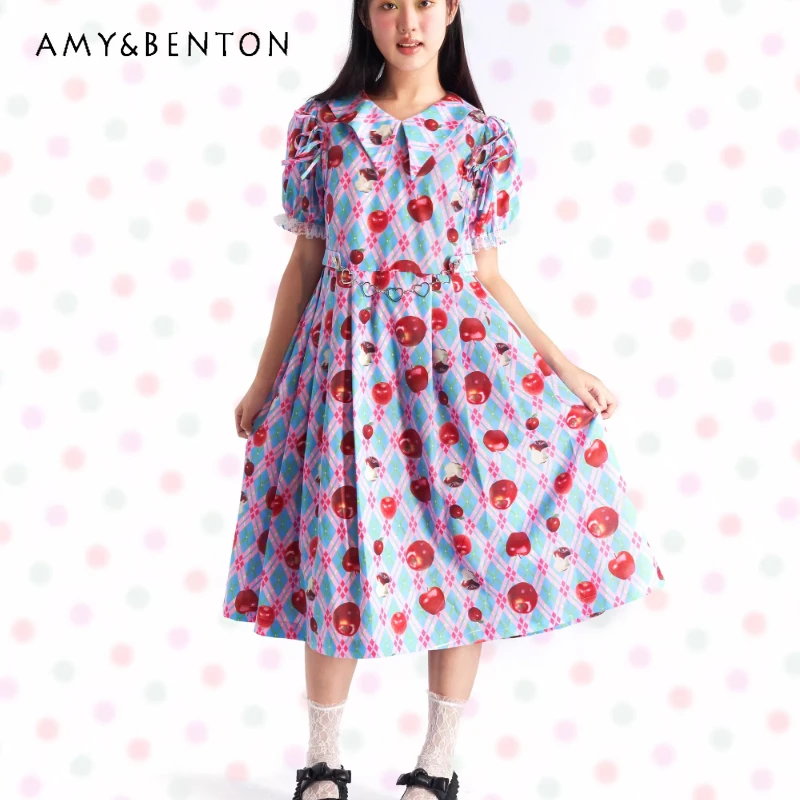 

Original Design Red Fruit Print Blue Plaid Puff Sleeve Women's Dress 2026 Spring Summer Collection Sweet Loose Dresses Ladies