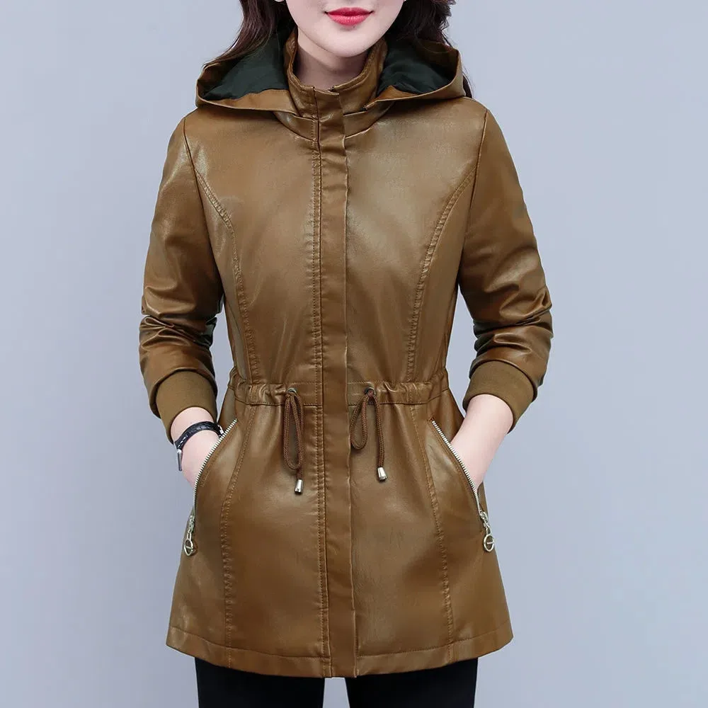 Frauen PU Leder Mantel Frühling Herbst Mode Mit Kapuze Motorrad Jacke Weibliche Casual Zipper Faux Leder Windjacke 4XL Y1000