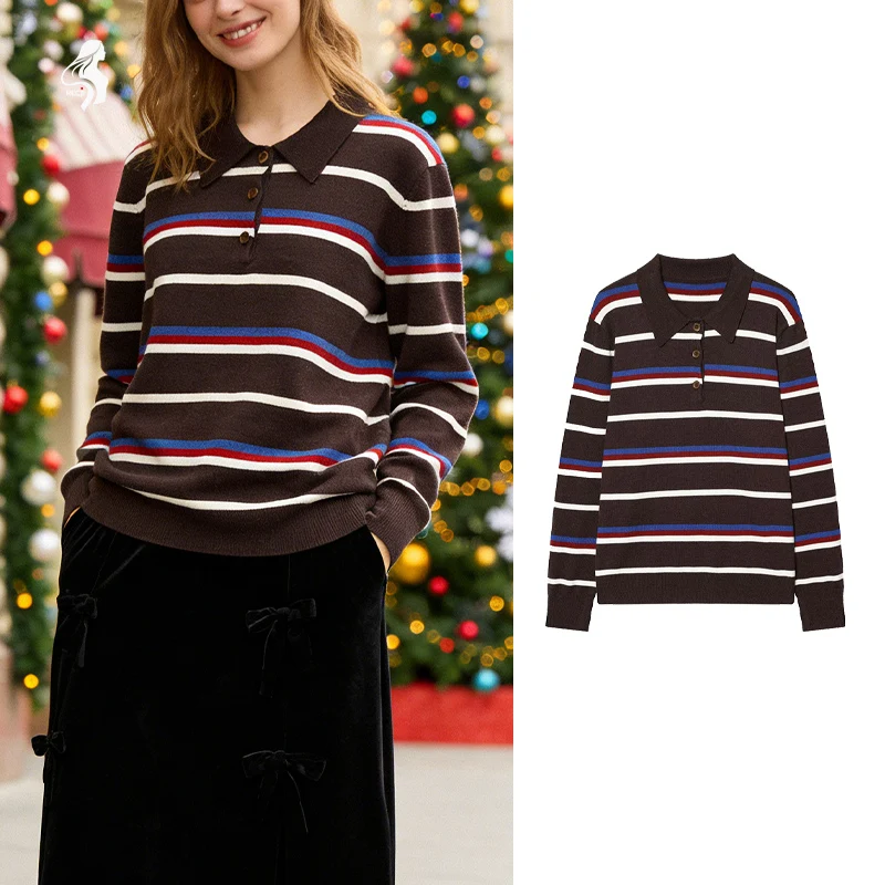 

Polo Collar Long Sleeve Retro Knit Sweater For Women Striped Button Placket Autumn And Winter Casual Workwear Top Woman Clothes