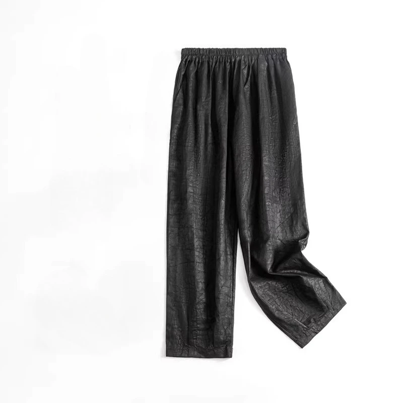 2025 Women's 100% Natural Mulberry Silk Gambiered Guangdong Gauze Turtle Crack Elastic Waist Loose Versatile Straight Leg Pants