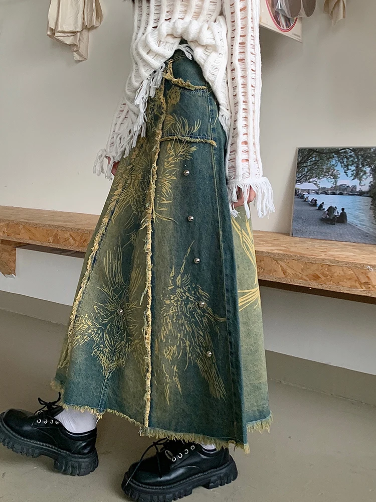 FIGOHR American washed yellow mud pattern denim skirt women high waist loose A-line knee length skirt for spring summer