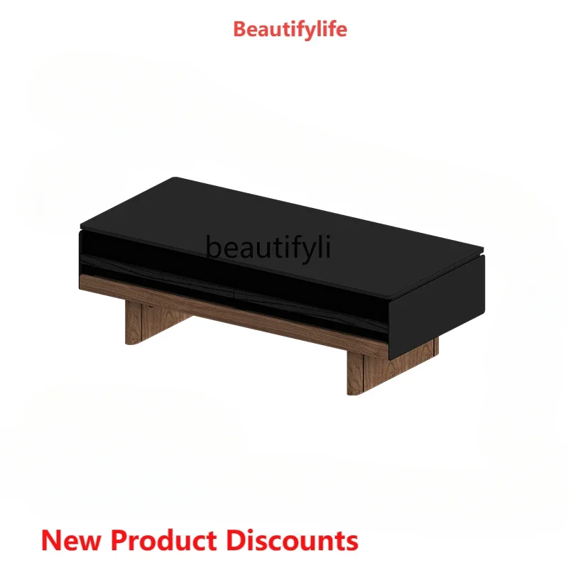 Q181 Minimalist Coffee Table Black Walnut Solid Wood Stone Plate Display with Light Atmosphere Modern Black Rectangular   Apartm