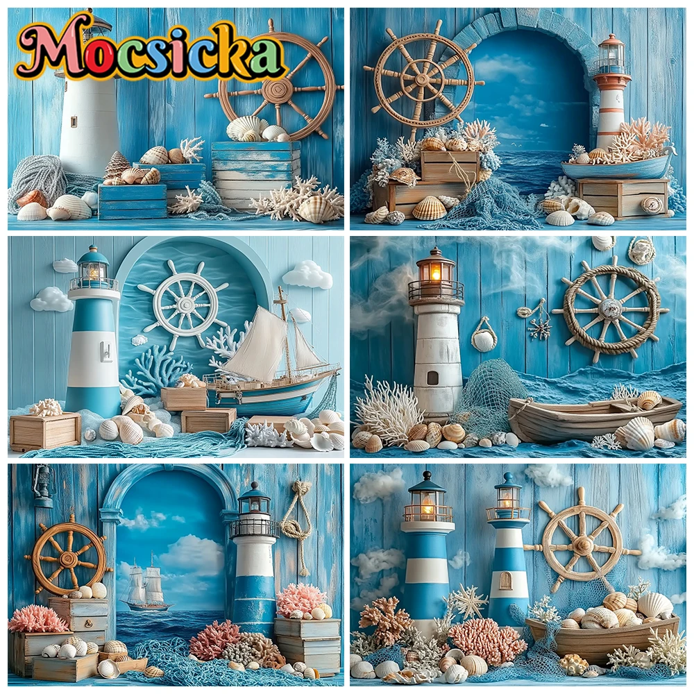 

Mocsicka Photography Background Birthday Children Baby Shower Portrait Backdrop Blue Watchtower Ship Pattern Decors Photo Studio
