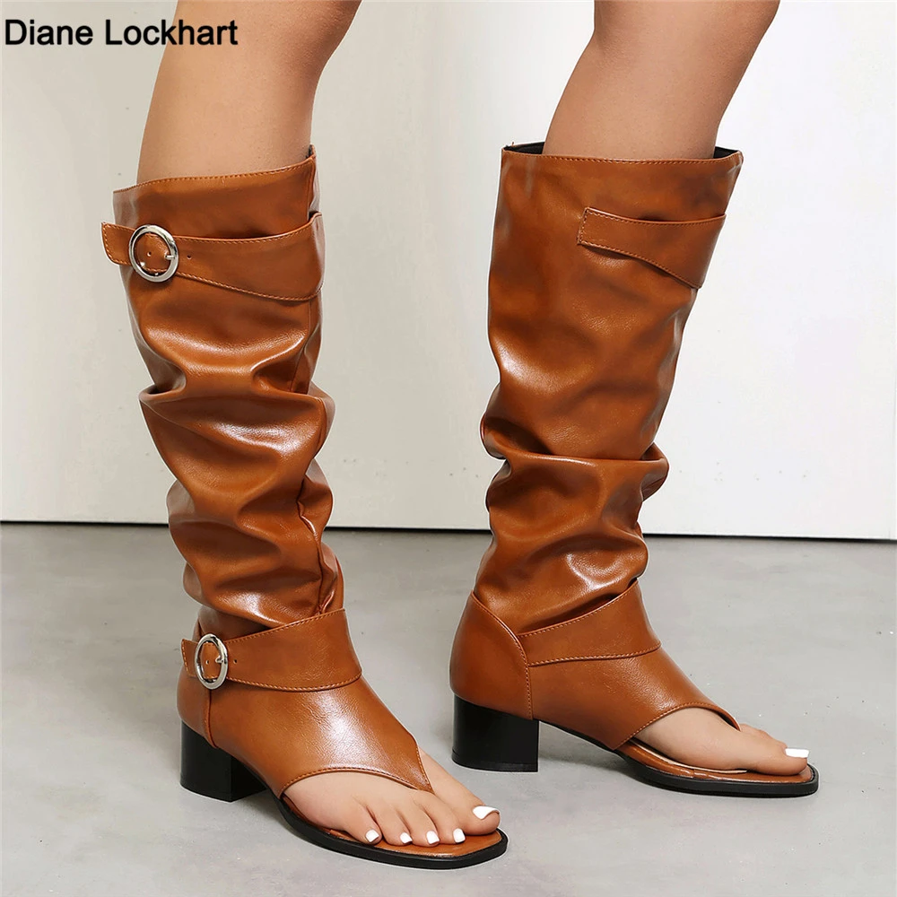 

Women's Retro Thong Block Heel Mid-Calf Boots Ruched PU Leather Open Toe Sandal Boots Western Style Chunky Heel Gladiator Boots