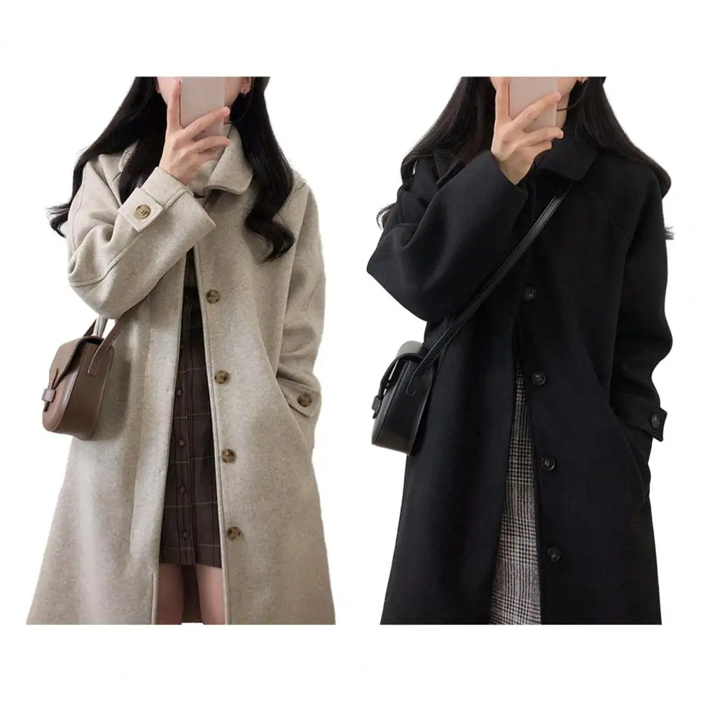 Women Overcoat Turn-down Collar Women Trench Coat Single-breasted Windbreaker Soft Warm Thick Lady Mid-calf Length Coat