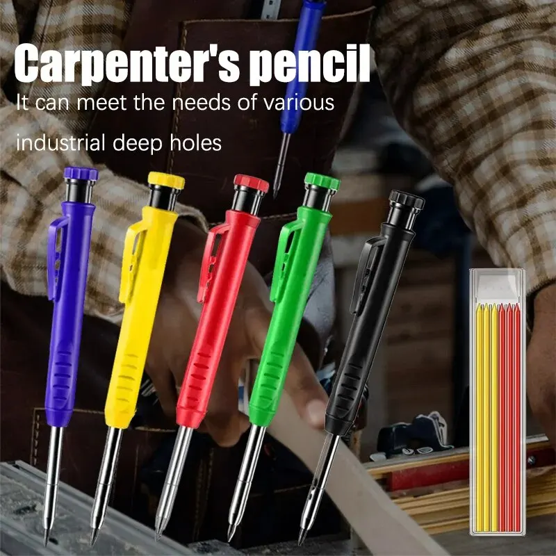 Solid Carpenter Pencil Set Woodworking Tools Mechanical Pencil 5 Colors Refill Construction Job Tools Carpentry Marking Scriber