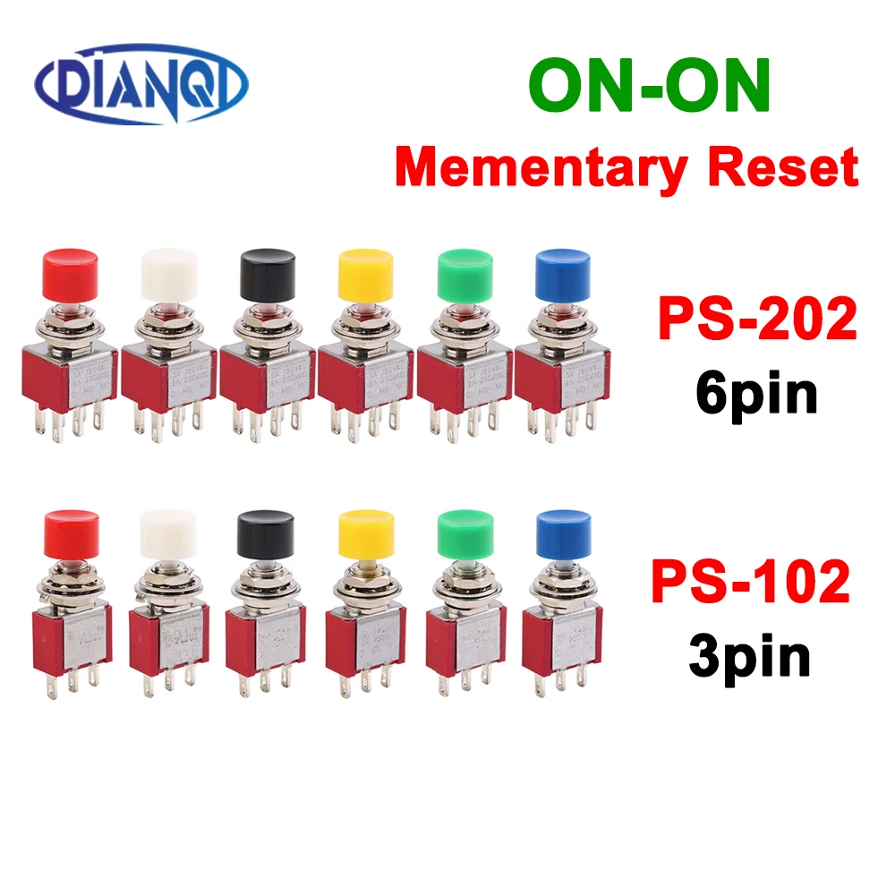 PS-102 PS-202 3pin 6pin 6mm Mini Momentary Automatic Return Push Button Switch ON-(ON) 2A 250VAC/5A 120VAC Toggle Switches