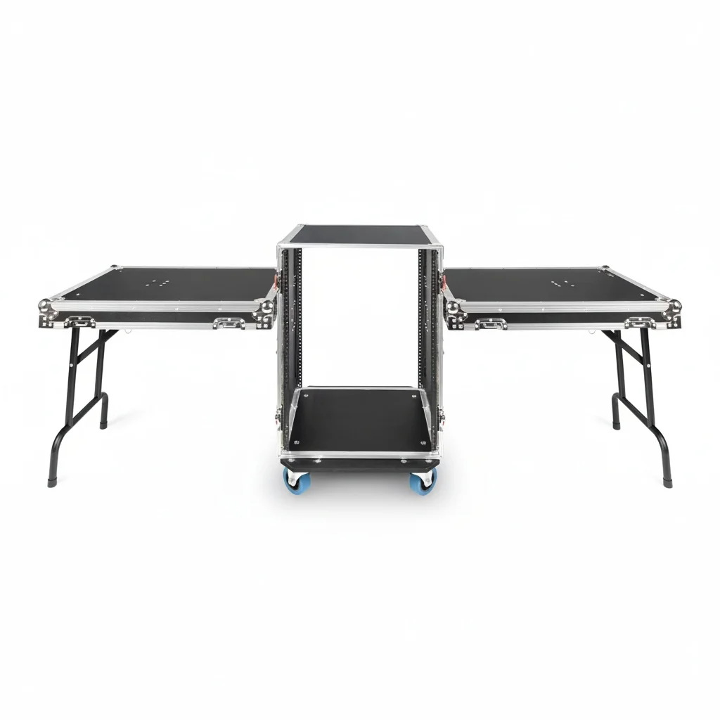 

Aluminum Flight Case,Shock Mount Rack Case, Custom Mixer Workstation Case with Side Tables for Broadcasting Equipment