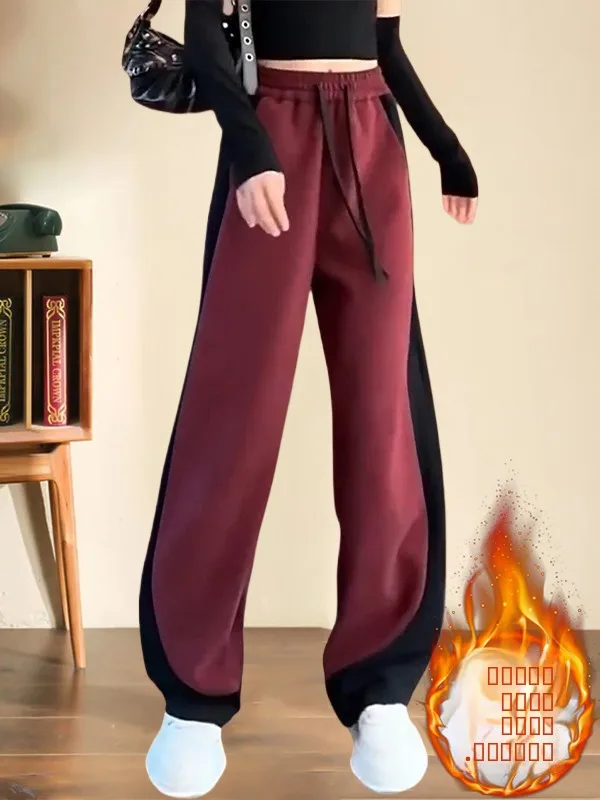 

Женские широкие брюки из чистого хлопка с подкладкой из флиса, зимние повседневные свободные спортивные брюки для отдыха, корейские брюки прямого кроя