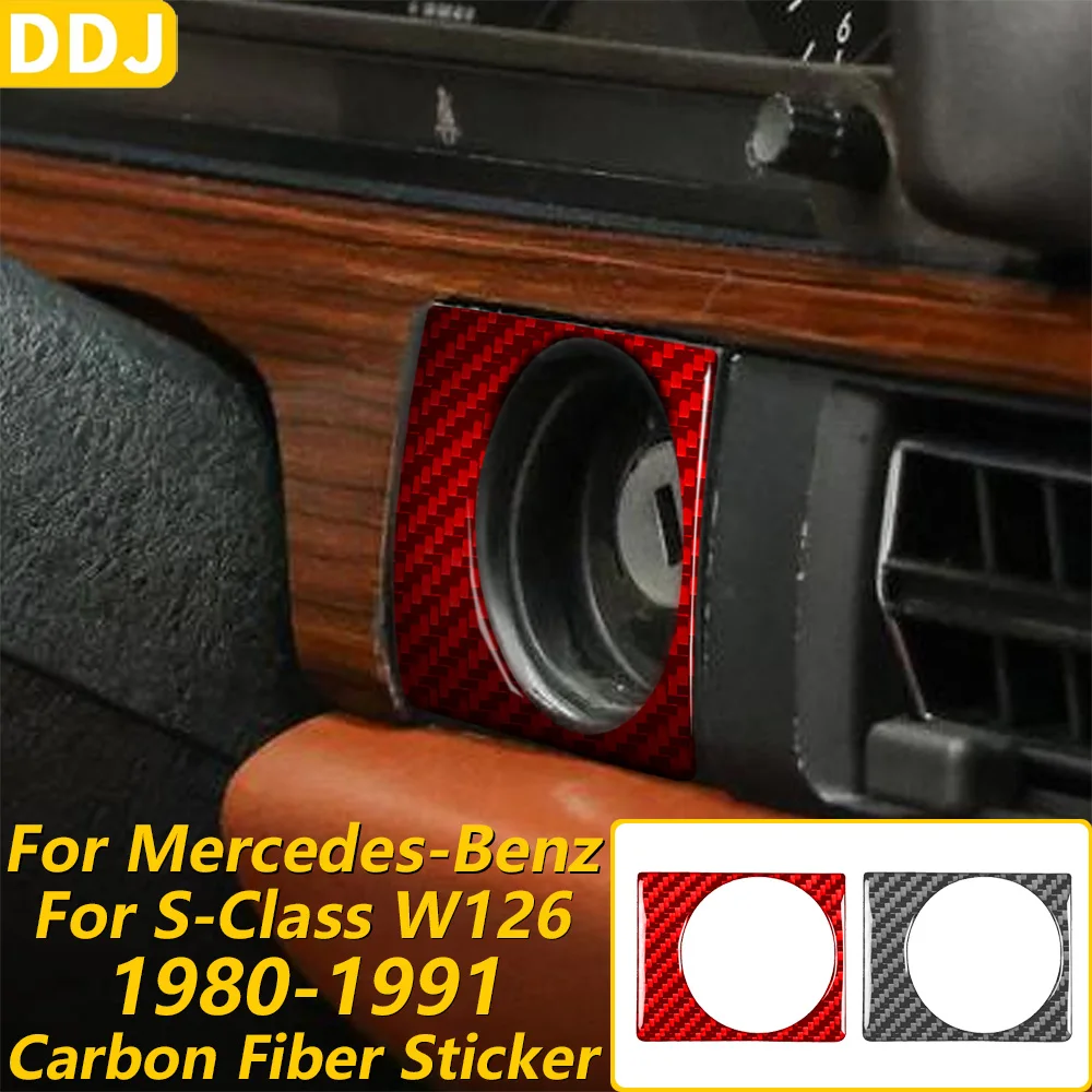 Light Switch - メルセデス・ベンツ Sクラス W126 1980-1991年式用、赤いカーボンファイバー製、キーで操作するイグニッションスイッチパネルカバー、トリム、カーアクセサリー、ステッカー