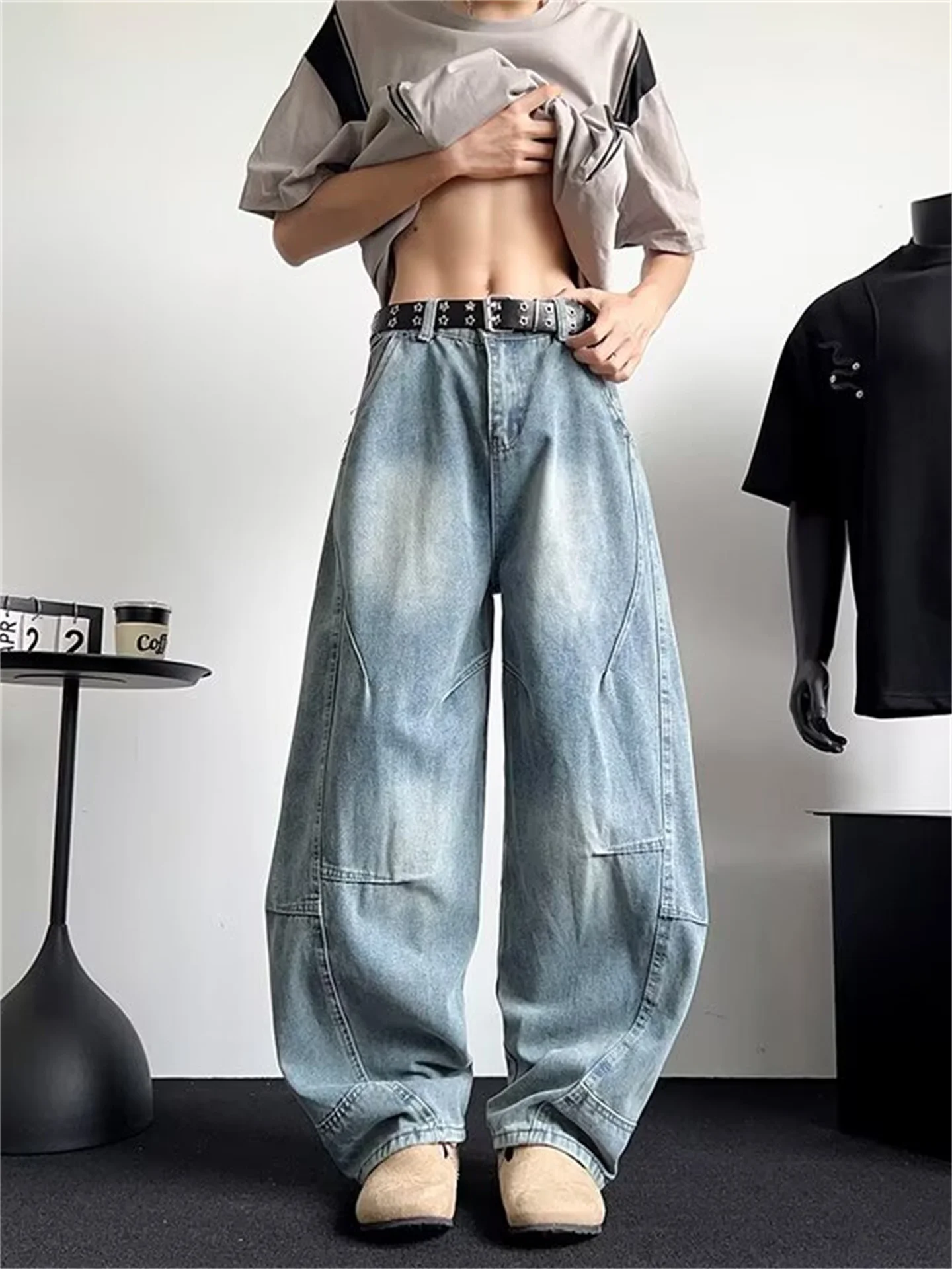 

Ретро американские уличные джинсы с широкими штанинами, мужские модные свободные джинсы в стиле хип-хоп с деконструированным дизайном, повседневные летние джинсы