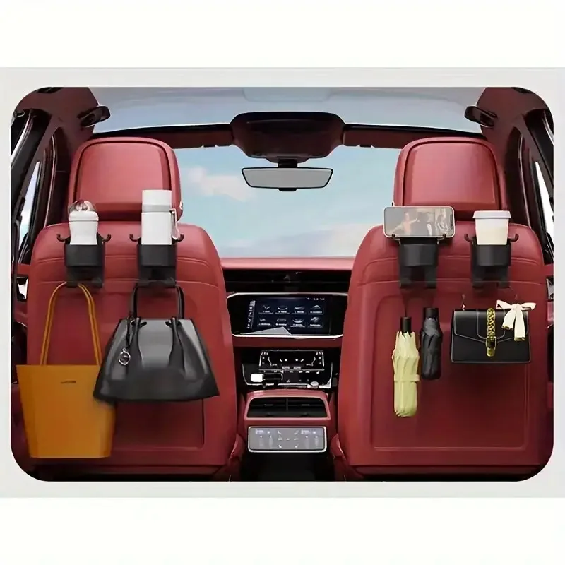 رف تخزين السيارة متعدد الوظائف 1/2 مع خطافات، حامل أكواب وصندوق تخزين - مادة متينة وقوية، مناسبة لظهر المقعد