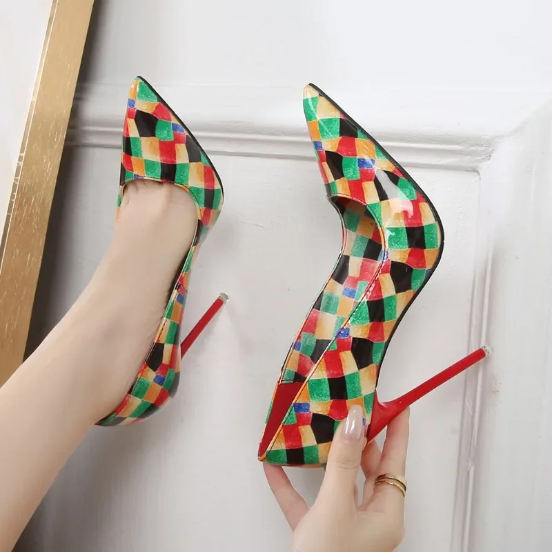 

Women's Luxury Sexy High Heels Mixed Colors Plaid 11cm Stiletto High Heel PU Shallow Women's Exquisite Pumps Pointed Toe Shoes