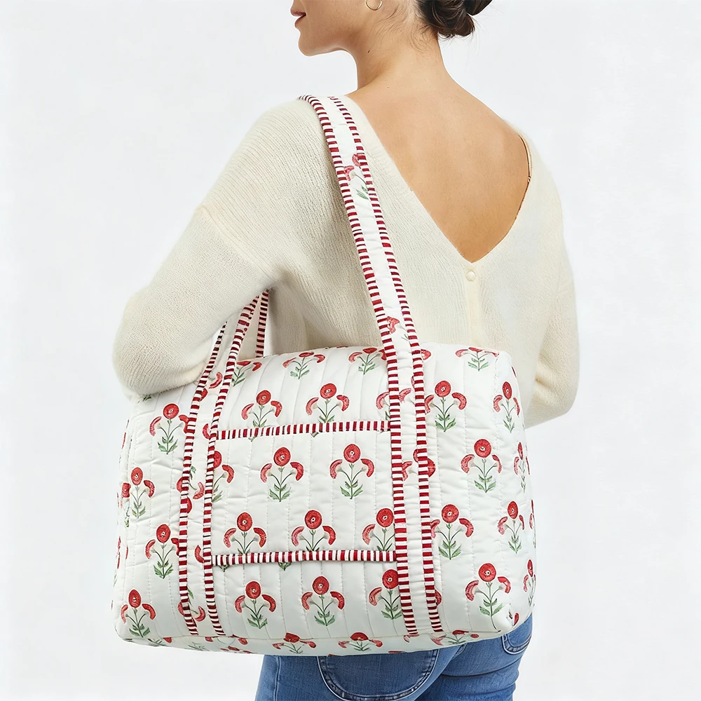 

Large Quilted Travel Bag For Women Weekender Bag Floral Block Print Cotton Luggage Overnight Duffle Bags