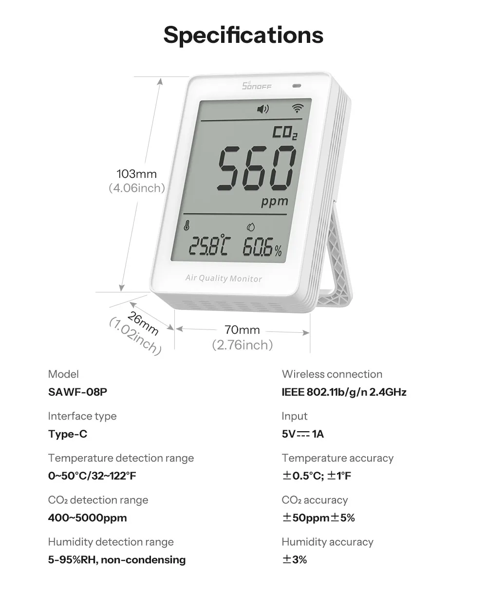 SONOFF AirGuard CO2 Matter Over WiFi Luftqualitätsmonitor SAWF-08P Temperatur-Feuchtigkeitsmesser Ton- und Lichtalarm Historische Daten – Detail 16