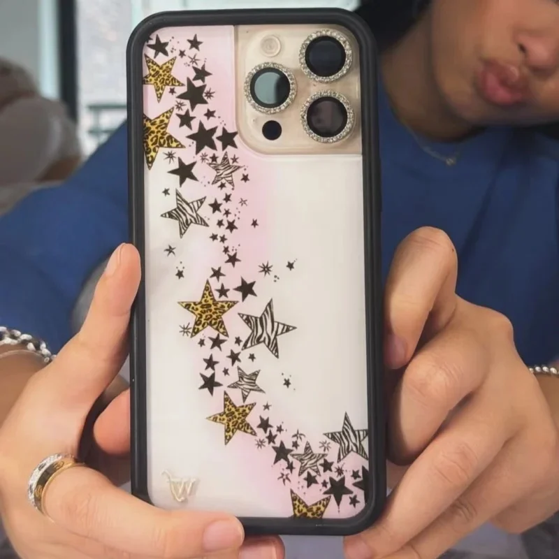 Etui na telefon z motywem dziko rosnących kwiatów, błyszczących gwiazd i wzoru w panterkę, kompatybilne z modelami iPhone 17, 12, 13, 14, 15, 16 Pro Max, Plus, 18 Pro, Katies, Zebra Fangs, WF – tylna obudowa. — zdjęcie produktu 5