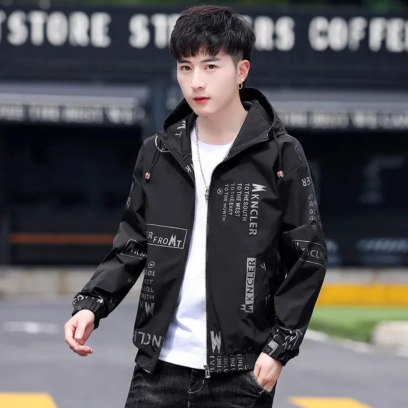 

Men's Coat Spring Autumn Printed Hooded Jacket s Slim All-match Casual Fashion Trend Top Bomber Jacket Men Clothing Streetwear
