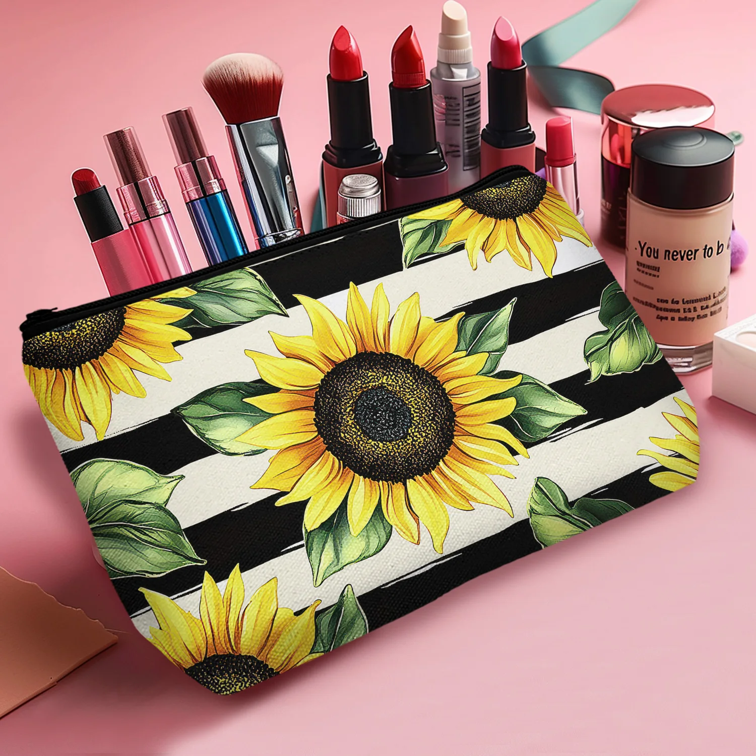 1Pc Country Style Travel Makeup Bag Stripes Sunflowers Cosmetic Bag Gift For Best Friends Classmates Birthdays Graduations