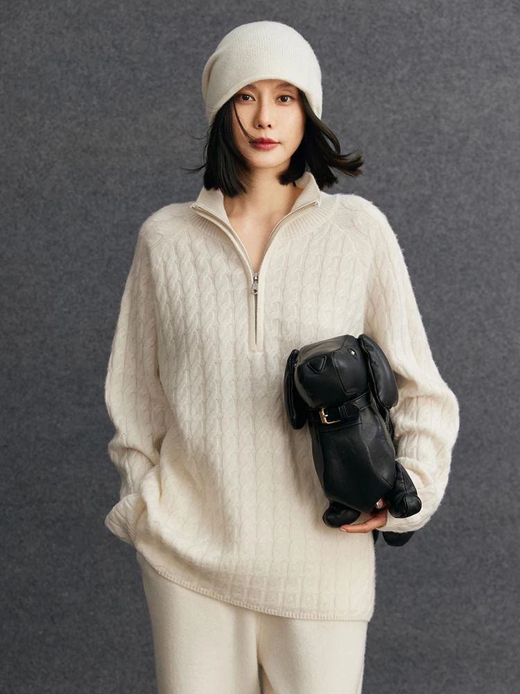 TLOML Neue frauen 100% Kaschmir Pullover Zipper Zopfmuster Pullover Kaschmir Strickwaren Herbst Winter Dicke Weiche Lose Casual Tops