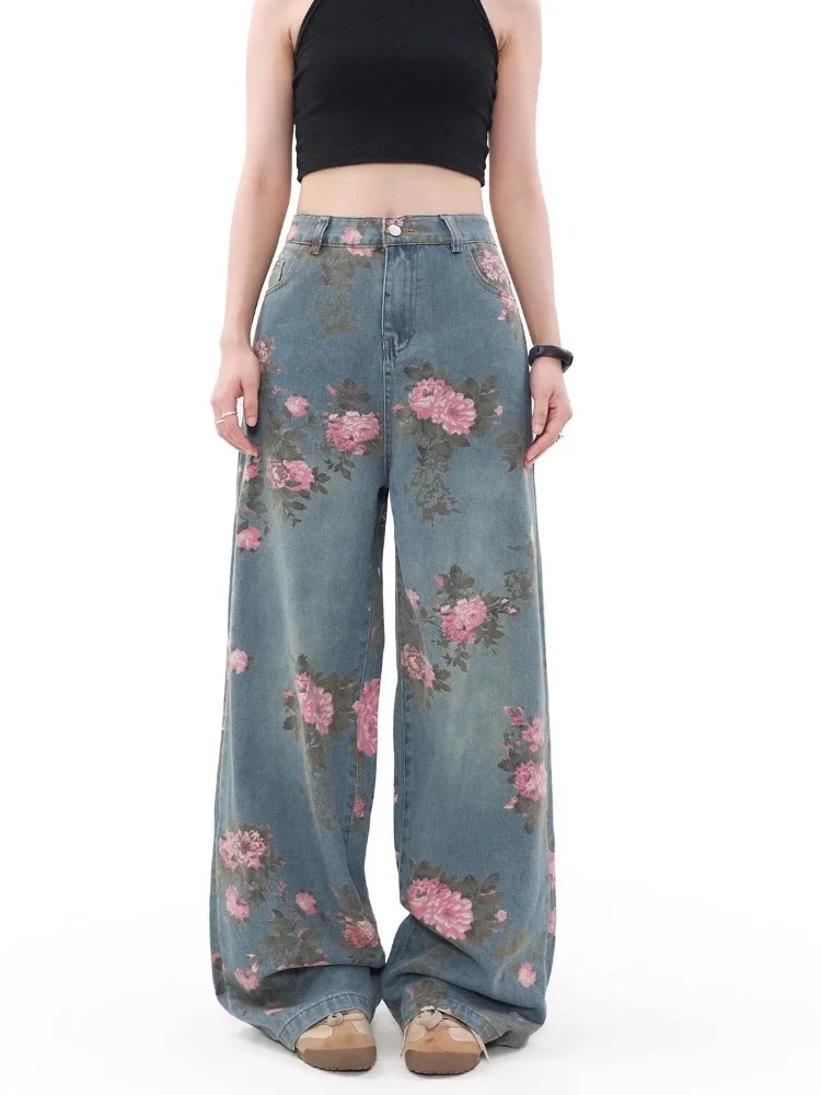 

2025 Ropa Y2K Fashion Peach Blossom Printed Baggy Jeans Pants For Women Clothing Wide Leg Casual Lady Trousers Pantalon Femme
