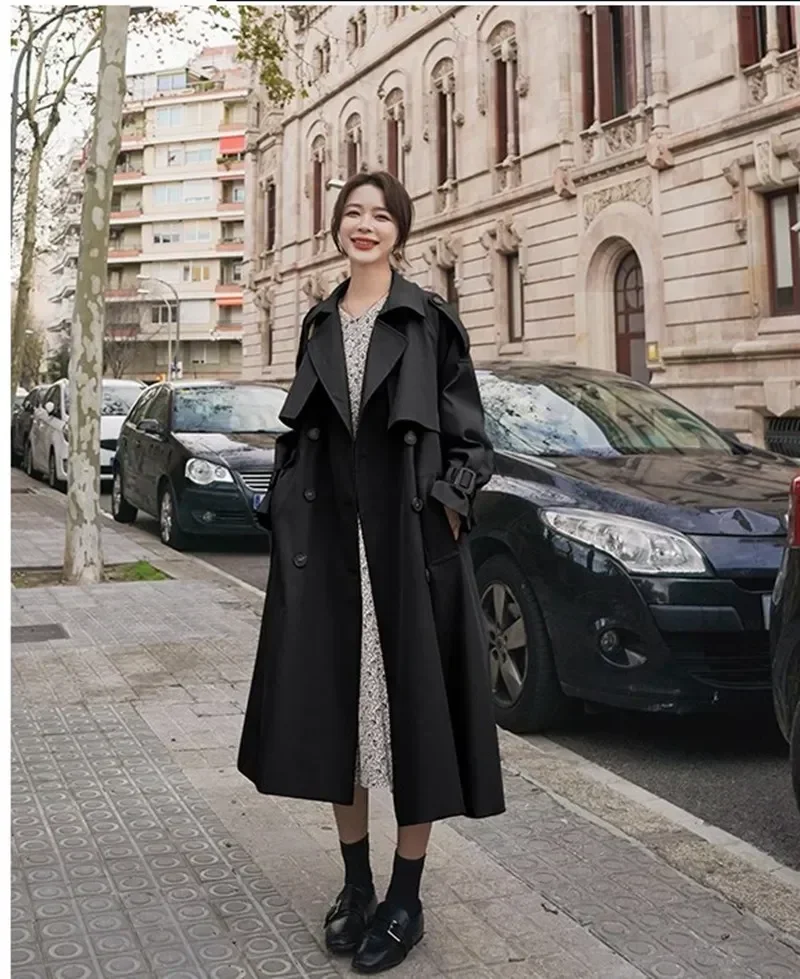 Spring Autumn Extra Long Flowy Oversized Casual Trench Coat for Women Belt Double Breasted Loose Korean Fashion 2023