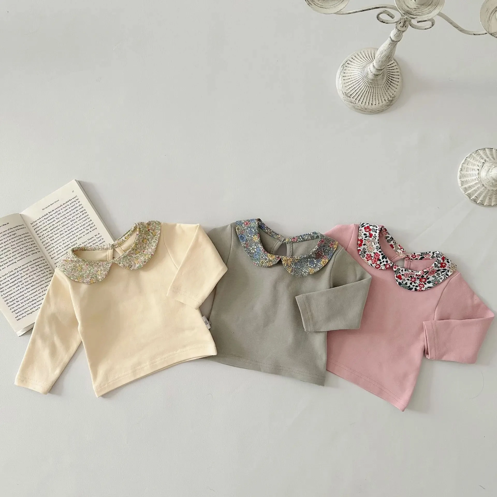 

2024 Spring Baby Girl Floral Peter Pan Collar Shirts Infant Bottoming Shirt Long Sleeve Tops Newborn Toddler Cotton Clothes