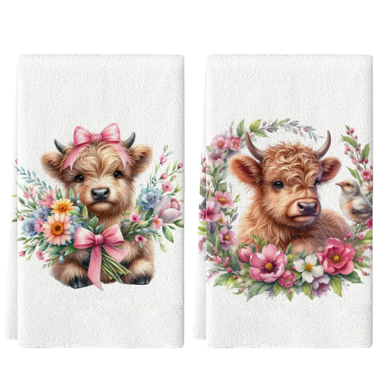 2 Stück, süße Blumen-Hochlandkuh-Küchentücher, 40 cm x 60 cm Handtuch-Set, super saugfähiges weiches Reinigungstuch, Koch- und Backhandtuch, Handtuch, Reinigungstuch, Geschirrtuch, Küchendekoration, Wohnzimmerdekoration, Küchenutensilien, Essentials, Heimutensilien